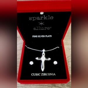 STERLING SILVER PLATE CUBIC ZIRCONIA Cross necklace Pendant earrings set NEW NWT